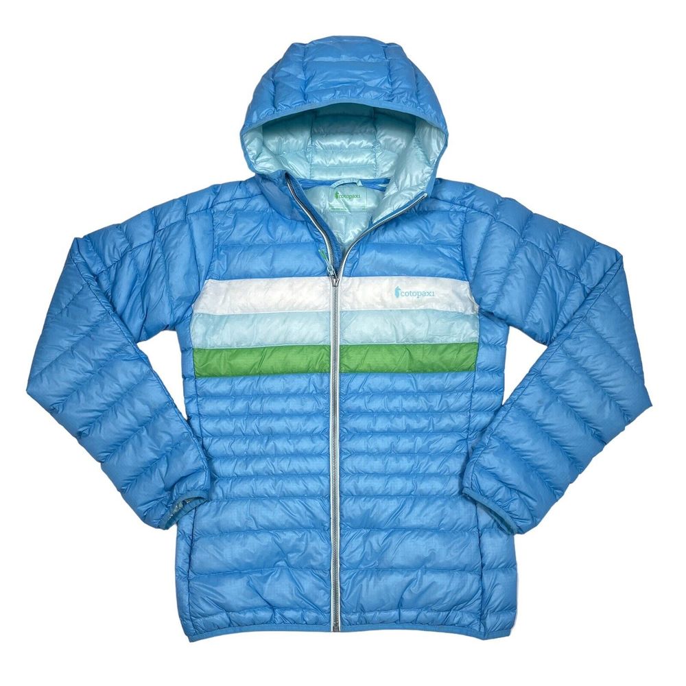 Cotopaxi Fuego Down Hooded Jacket Women's Size Large Blue Green Full Zip Puffer